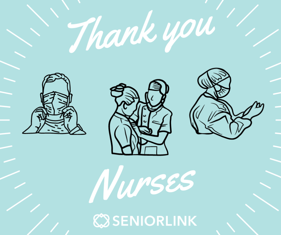 Thank you nurses tribute with illustrations of nurses and the Seniorlink logo. Seniorlink is now Careforth