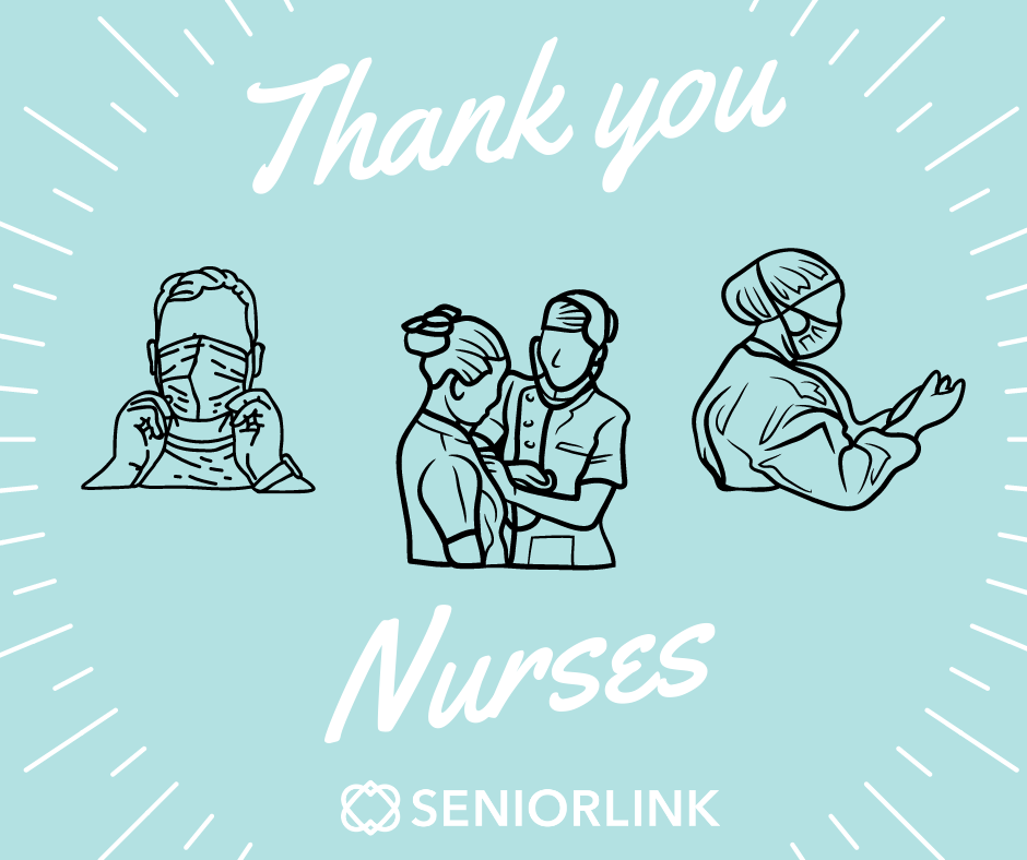 Thank you nurses tribute with illustrations of nurses and the Seniorlink logo. Seniorlink is now Careforth