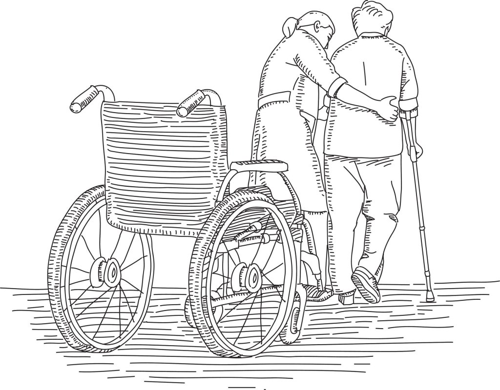 An illustration of a caregiver helping their wheelchair-bound loved one take a walk with the assistance of a crutch