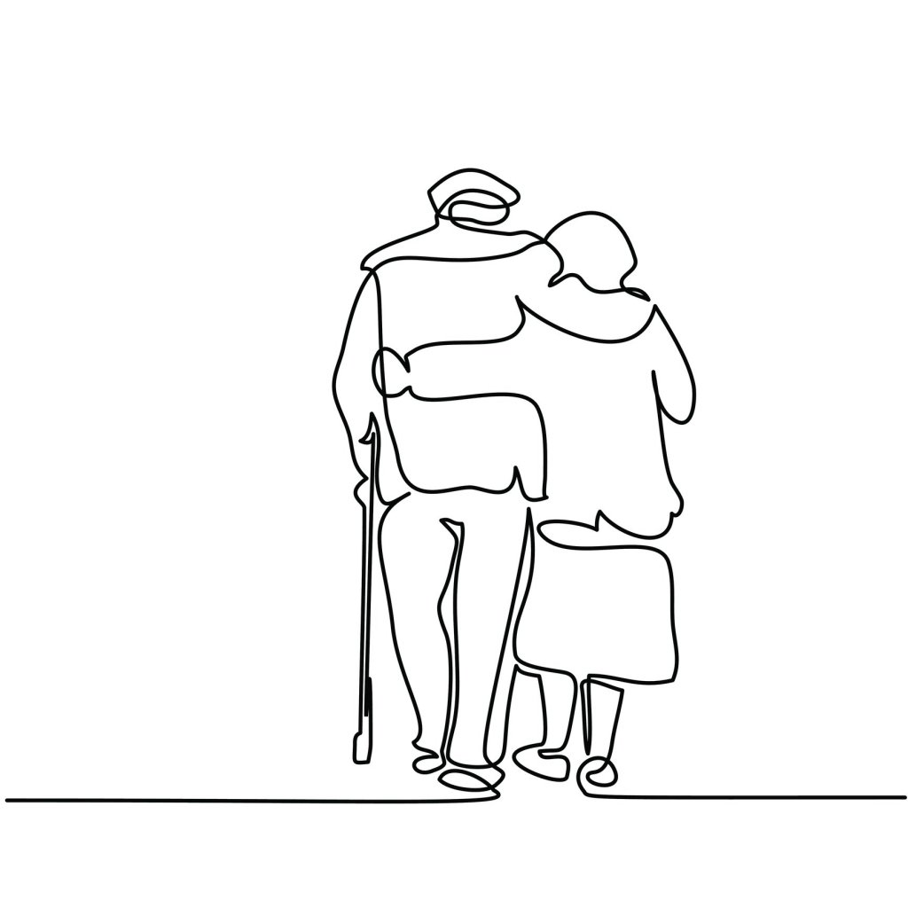 A continuous line drawing of an elderly man and woman hugging