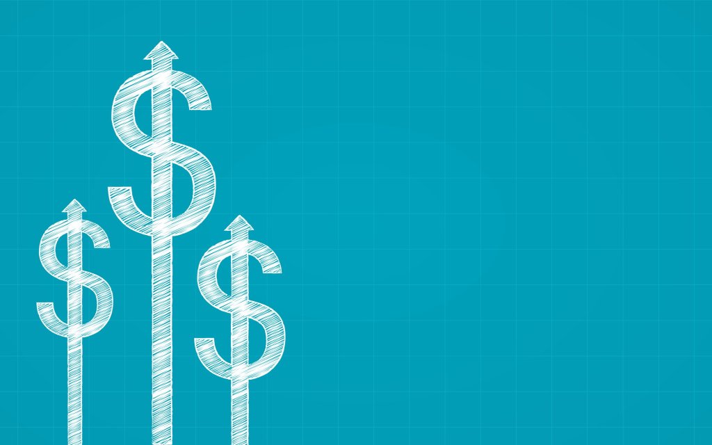 Three dollar signs with upward arrows on a blue background