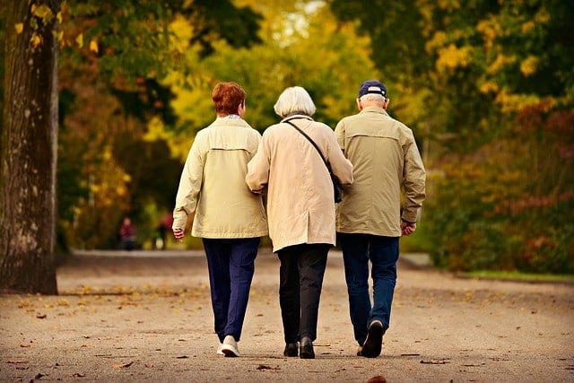 A caregiver daughter taking a walk with her elderly parents